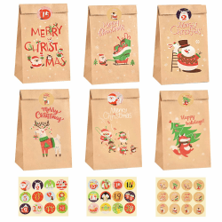 CHEPULA Geschenktüten Weihnachten, Adventskalender zum Befüllen, 24 Stück Klein Weihnachtstüten, Braun Papiertüten Xmas mit 48 Aufkleber, Kraft Papier Geschenk Tüten für Weihnachten Party