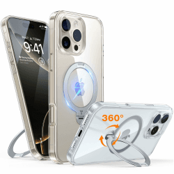 TORRAS 360° Ostand Spin für iPhone 16 Pro Hülle für Magsafe (Magnetischer Robust Standring) Zertifizierte Militärschutz Diamant-Klar Anti-Vergilbung Hülle für iPhone 16 Pro Case Transparent Transparent iPhone 16 Pro