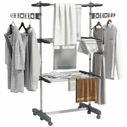 HOMCOM Wäschetrockner Turm Wäscheständer mit Rollen, 3 Ebenen, Klappbarer Standtrockner mit Seitenflügel, Wäscheturm für Indoor, Outdoor, Stahl Grau 142 x 55 x 152 cm 142L x 55B x 152H cm Grau+silber