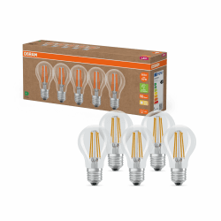 Osram Hocheffiziente LED Lampen mit Energieeffizienz Klasse A, Vorteilspack mit 5 Leuchtmittel, ersetzt herkömmliche 60W Glühbirnen, warmweiß(2700K), E27, Filament Glas, Klar 60W-Ersatz-Birne 5er-Pack Klar