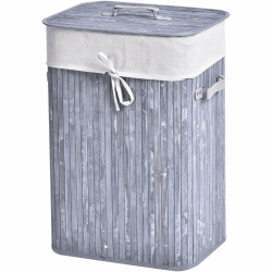 HOMCOM Wäschekorb, Wäschebox, Wäschesammler mit Deckel, Segeltuchsack, waschbarem Wäschesack, mit Griffen, Bambus, faltbar, 72L, Grau, 40 x 30 x 60 cm