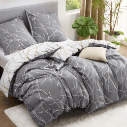 BEDSURE Bettwäsche 135x200 4teilig Bettbezug - Bettwäsche-Sets 135 x 200 cm 2er Set mit 2 Kissenbezüge 80x80cm, ÖKO-TEX Bettwäsche Set Zweige grau Muster mit Reißverschluss Zweige grau 135 x 200 cm 4 teilig
