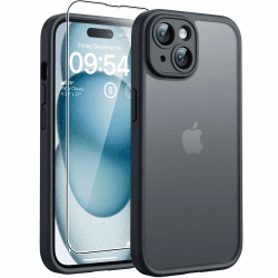 TOCOL 3 in 1 für iPhone 15 Hülle, Vollständiger Kameraschutz Stoßfest Kratzfest Handyhülle für iPhone 15 Case, Schwarz iPhone 15 Matte - Schwarz