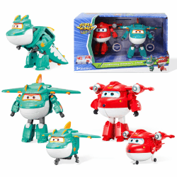 Super Wings 5" Transforming Characters 2-Pack Transforming Supercharged Jett + Tino, Transformer Spielzeug für 3+ Jahre Alten Jungen Mädchen Jett & Tino