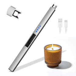 Rouclo Lichtbogen Feuerzeug Elektrisch,USB Aufladbar Feuerzeug Stabfeuerzeug Winddichtes, Elektro Kerzenanzünder Flammenlose Grillfeuerzeug Lighter für Kerzen Anzünden, Gasherd, Küche (Silber) I Silber