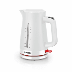 Bosch kabelloser Wasserkocher MyMoment TWK3M121, Abschaltautomatik, Überhitzungsschutz, Tassenanzeige, beidseitige Wasserstandsanzeige, entnehmbarer Kalkfilter, 1,7 L, 2400 W, Weiß matt Wasseranzeige beidseitig Weiss