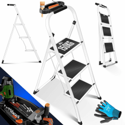 MASKO® Trittleiter Klappleiter 3 Stufen-Leiter Stufenleiter belastbar bis 150 kg | Tritthocker Anti-Rutsch | Klapptritt Leiter inkl. Handschuhe, Werkzeugablage & automatisches Schloss, Weiß 3 Stufen Weiß