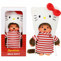 Bandai - Monchhichi - Monchhichi Hello Kitty Plüsch - Ikonischer Affenplüsch der 80er Jahre - Weicher 20cm Plüsch für Kinder, Erwachsene - Hello Kitty Mütze - Spielzeug für Kinder ab 2 Jahren SE252848