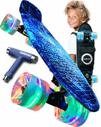 Deleven Skateboard mit Tragetasche, LED Rollen, Skate Tool und ABEC 7 Lager - Kinder Erwachsene Anfänger - 56 cm 01 LED Blaue Galaxie