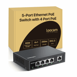 Loocam 5 Port PoE Switch, 4 PoE+ Port mit 1 Uplink Port, 10/100 Mbps Unverwaltet Ethernet Switch für 65W, IEEE802.3af/at, Metallgehäuse, Tisch-oder Wandmontage, Plug & Play Black 5 Port 100Mbps | 4*PoE + 1*Uplink | 65W