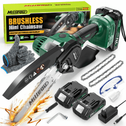 Millegu Akku Kettensäge - Bürstenlose Motor, 6 Zoll Mini Kettensäge mit Akku, Astsäge Akku Säge mit 2 Akku 2000mAh, Handkettensäge Akku für Gartenscheren Astschere Holzschneidenz Seniorenfreundlich Grün
