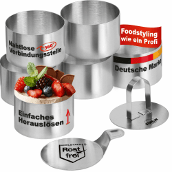 STONELINE Dessertringe Speiseringe Set 8 cm Rund 8-teilig Edelstahl, 6 Ringe mit Heber und Stampfer, Kleiner Kuchenring Backring Servierring Mini Kuchenform Muffin Backform Ausstecher Burgerring