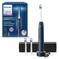 Philips Sonicare 6100 elektrische Zahnbürste, Schallzahnbürste mit 2 Putzmodi und 3 Intensitätsstufen, Andruckkontrolle, EasyStart, SmarTimer und BrushPacer, Reiseetui, Marineblau, Modell HX7403/01