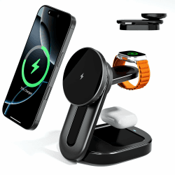 KPON Magsafe Ladestation 3-in-1 Faltbar,15w Magsafe Ladegerät für Apple,Tragbare Schnellladestation ist kompatibel mit Apple Watch und iPhone,Reisen Tragbar Wireless Charger (Schwarz)