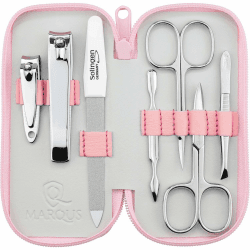 Maniküre Set Solingen - Vergleichssieger mit Top Preis/Leistung - Echt Leder Etui handlich und weich - 7teiliges Nagelset für Damen und Herren marQus aus glanzvernickeltem poliertem Stahl 5. Rosa