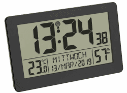 TFA Dostmann Digitale Funk-Wanduhr, 60.2557.01, mit Wecker mit 2 Alarmzeiten, großes Display, mit Temperaturanzeige, Datum, Wochentage, mit Hintergrundbeleuchtung, Tischuhr, 20 x 13cm, schwarz