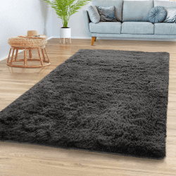 TT Home Teppich Wohnzimmer Hochflor Langflor Weich Soft Modernes Einfarbiges Design, Farbe: Grau Anthrazit, Größe:80x150 cm 80 x 150 cm Grau Anthrazit