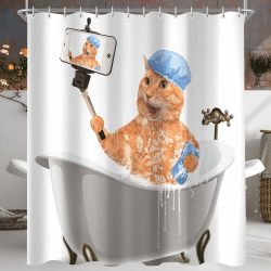 Lerores Duschvorhang 180x200cm Cat Selfies, Beschwerter Saum Antischimme, Wasserabweisend, Waschbar Polyester Badevorhänge mit 12 Ösen und Duschvorhangringen für Badezimmer, Badewanne Cat Selfies H200 x B180 cm (1er Pack)