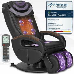 maxVitalis Massagesessel mit elek. Aufstehfunktion, Shiatsu-Massage, Wärmefunktion, 4 Massagetechniken, 6 Massagezonen, Transportrollen, inkl. Kopf- & Nackenkissen (Schwarz)