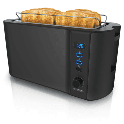 Arendo - Edelstahl Toaster Langschlitz 4 Scheiben - Defrost Funktion - wärmeisolierendes Gehäuse - mit integriertem Brötchenaufsatz - Krümelschublade - Display mit Restzeitanzeige - Schwarz Matt A: Schwarz