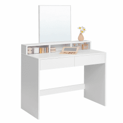 VASAGLE Schminktisch mit großem Spiegel, Frisiertisch, 2 Schubladen, 3 offene FÄcher, Kosmetiktisch, modern, weiß RDT113W01 Weiß 80W x 140H cm