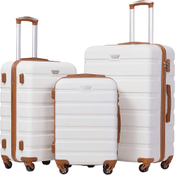 COOLIFE Hartschalen-Koffer Trolley Rollkoffer Reisekoffer ardschale Boardcase Handgepäck mit TSA-Schloss und 4 Rollen (Weiß/Braun, Koffer-Set) Koffer-Set Weiß/Braun
