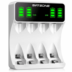 BATZONE Akku Ladegerät, AA/AAA Ladegerät mit Großer LCD Anzeige, 4-Ladeplatz Universal Schnell Akkuladegerät, für NI-MH NI-CD AA/AAA Akkus, für wiederaufladbare Mignon AA und Micro AAA