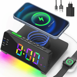 AUYLE Wecker Digital mit Wireless Charger,Wecker Laut für Tiefschläfer,Digital uhr mit Dual Alarms,Snooze und RGB Nachtlicht,Einstellbare LED Display-Helligkeit,Nachtlicht-Helligkeit & Alarmlautstärke Wecker-F3001