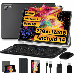 2025 Neueste Tablet 10 Zoll Android 14 mit 22GB RAM+128GB ROM 1TB TF, Octa-Core,Widevine L1,5G+2.4G WiFi, Bluetooth 5.0, 8000mAh, 8+5MP,1280*800, Gesichtserkennung,Type C, Tablet mit Tastatur -Schwarz S10 22GB+128GB S10 Schwarz