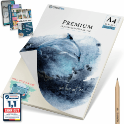 CreaTek Aquarellpapier A4 300g mit 20 Blatt [ Rundum geleimt für Profis ] Naturweiß & Kaltgepresst Aquarellblock A4 300g inkl. Gratis Zubehör & Videokurs - 4-seitig geleimtes Aquarell Papier A4 DIN A4 - 20 Blatt - rundum geleimt