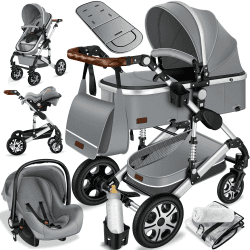 KESSER® Loops 3 in 1 Kinderwagen Kombikinderwagen Komplett-Set inkl. Babywanne & Buggy Sportsitz & Auto-Babyschale Voll-Gummireifen Wickeltasche Regenschutz Kindertisch ECE R129, Grau/Silber Grau / Silber