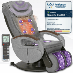 maxVitalis Massagesessel mit elek. Aufstehfunktion, Shiatsu-Massage, Wärmefunktion, 4 Massagetechniken, 6 Massagezonen, Transportrollen, inkl. Kopf- & Nackenkissen (Stoff Graumeliert)