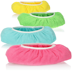 com-four® 4X Wischmopp-Hausschuhe für Bodenreinigung, Wiederverwendbare Putzschuhe, saugstarker Bodenwischer aus Mikrofaser, waschbar bis 60° C (4 Stück - kräftige Farben)