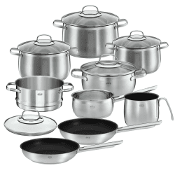 RÖSLE ELEGANCE GLOBE Topfset 10-tlg., 6 hochwertige Kochtöpfe, 1 Dämpfeinsatz, 2 Bratpfannen im Set, Edelstahl 18/10, mit Glasdeckel, spülmaschinengeeignet und induktionsgeeignet, Silberfarben 10-tlg. ELEGANCE GLOBE