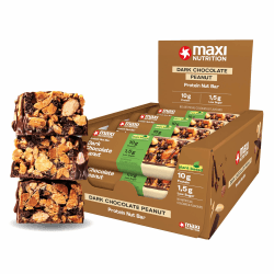 MaxiNutrition Dark Chocolate Peanut Nussriegel vegan 12x46g – Protein Riegel aus ganzen Nüssen mit 22% Protein, plant based, ohne Zuckerzusatz, ohne künstliche Aromen Dunkle Schokolade Erdnuss