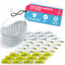 culiclean Wäscheklammern stabil ohne Abdruck Soft Clips 40 Stück grau grün weiß Korb grau mit Wäscheklammernkorb statt Beutel Einheitsgröße 40 Stück Grau-grün-weiss mit Korb Grau und Henkel Weiss