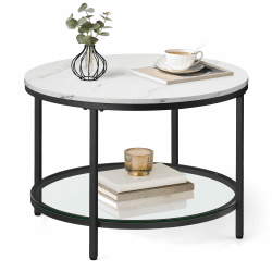 VASAGLE Couchtisch, Wohnzimmertisch, Sofatisch, für Wohnzimmer, mit Glasplatte, viel Stauraum, einfacher Aufbau, moderner Stil, marmorweiß-tintenschwarz LCT072W13 65d cm Marmorweiß + Tintenschwarz