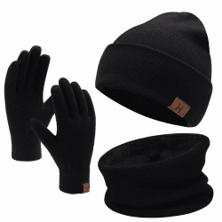 Bequemer Laden Winter Warm Mütze Loop Schal und Touchscreen Handschuhe Set für Herren und Damen, Wintermütze Strickmütze Beanie Schlauchschal Winterhandschuhe Strickhandschuhe mit Fleece Gefütterte A Schwarz