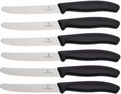 Victorinox Swiss Classic Tomatenmesser, Brotzeitmesser, 6-teilig, Scharfe Klinge, Wellenschliff, 11 cm, Rostfreier Stahl, schwarz Schwarz 6er Set