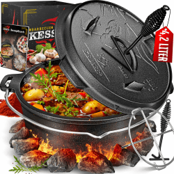 KESSER® Dutch Oven Set BBQ 4,2 Liter, Feuertopf Schmortopf mit Edelstahluntersetzer, Gusseisen Topf mit Deckelheber Henkel und Schlitz für Themormeter, kochkessel Grilltopf für Oudoor & Indoor DO45P - 4.2 Liter Topf ohne Füße