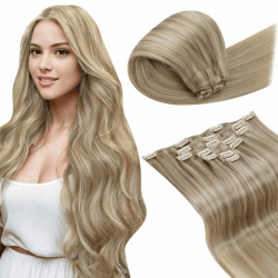 LaaVoo Echthaar Clip in Extensions Blond Extensions Echthaar Clip Ashblond Highlight Hellblond Haarverlängerung Echthaar Clip in Doppelt Tressen 105G 7Stück 40cm #16/22 40cm-105g 4.1#16/22