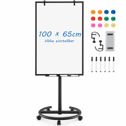 COSTWAY Flipchart Ständer, 100x65cm, mobiles Whiteboard auf Rollen, höhenverstellbar bis 192cm, trocken abwischbar, magnetisch, Flip Chart mit rundem Ständer, Magneten, Markern & Radierer Schwarz 65B x 100H cm
