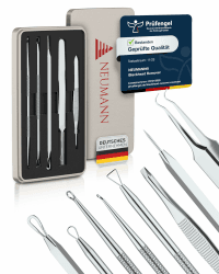 NEUMANN® Mitesserentferner-Set (rostfreier Edelstahl) zum entfernen von Pickeln, Blackheads & co. - Komedonenquetscher, Heber, Remover - Verschiedene Tools: Schlingen, Pinzetten, Lanzette [Silber] Silber Edelstahl Angebot bei HelloDeals