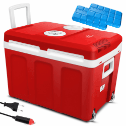 KESSER® 40L Kühlbox mit Rollen | zum Warmhalten und Kühlen | thermo-Elektrische Kühlbox | 12 Volt und 230 Volt| Mini-Kühlschrank | Thermobox für Auto| Boot und Camping | EEK A++ mit ECO Modus Rot