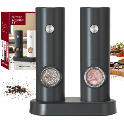 CIRCLE JOY Salz und Pfeffermühlen Elektrische 2er Set Batteriebetriebenen Gewürzmühle mit Basis, Weißem LED-Licht und Einstellbarer Grobheit, Schwarz Akkubetriebenes Set mit Sockel - Schwarz (70ml)