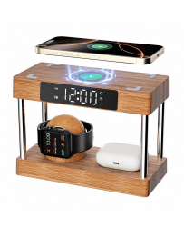 Bambus LED Nachttischlampe mit Ladefunktion, Wecker mit Ladestation für Apple Watch und iPhone Holz, 5 in 1 Schnell-Ladegerät Wireless Charging Station für Apple Geräte mit Adapter und Kabel Kabellose Ladestation mit Licht und Wecker
