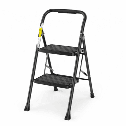 HBTower Trittleiter 2 Stufen Klappbar mit Anti Rutsch Pedal und Sicherheitsschlössern, Klappbarer Tritthocker mit Gepolstertem Griff, Leichte und hochfeste Kleine Leiter mit 150KG Kapazität, Schwarz 2-STUFEN