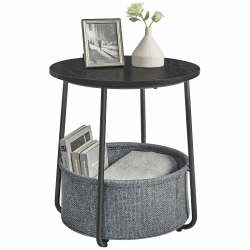 VASAGLE Beistelltisch rund, Kleiner Tisch, Couchtisch klein, Wohnzimmertisch, Korb aus Stoff, Stauraum für Wohnzimmer Schlafzimmer, Nachttisch modern, ebenholzschwarz-schiefergrau LET223B01 Ebenholzschwarz + Schiefergrau