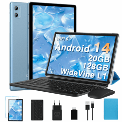 DEERTiME 2025 Neueste Android 14 Tablet 10 Zoll, 20GB RAM+128GB ROM/TF 1TB, WLAN 6, 5G+2.4G WLAN,8-Core 1.8 GHz,WideVine L1,1280 * 800,6000mAh,5MP+8MP,BT5.0,GMS Tablet Mit Tastatur und Maus - Blau