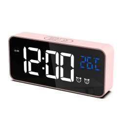CHEREEKI Digitaler Wecker, LED Digitaluhr mit Temperaturanzeige Tragbarer Spiegelalarm Tischuhr mit 2 Alarmen 10 Alarmtöne USB Wiederaufladbar 4 Helligkeit und Lautstärke Regelbar, 12/24 Stunden Rosa